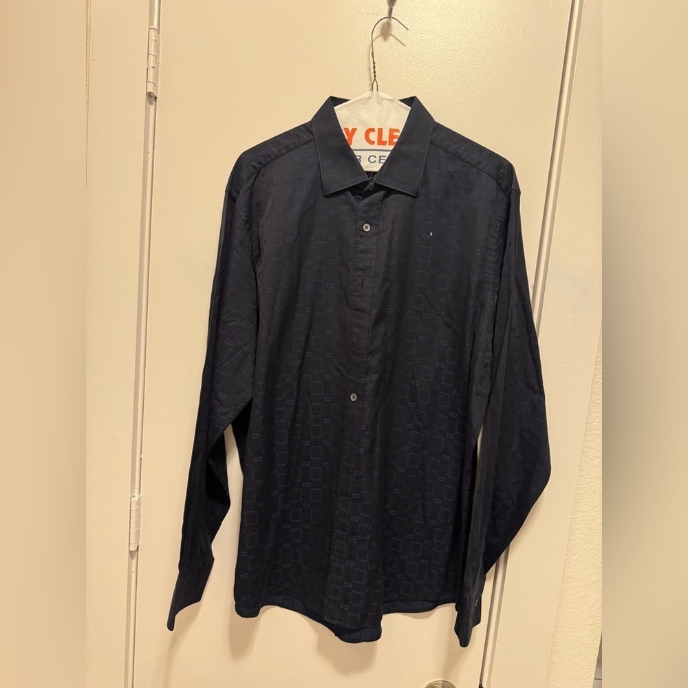 Bugatchi Men’s Large Shaped Fit Dark Navy/Blue Geometric Shapes Dress Shirt